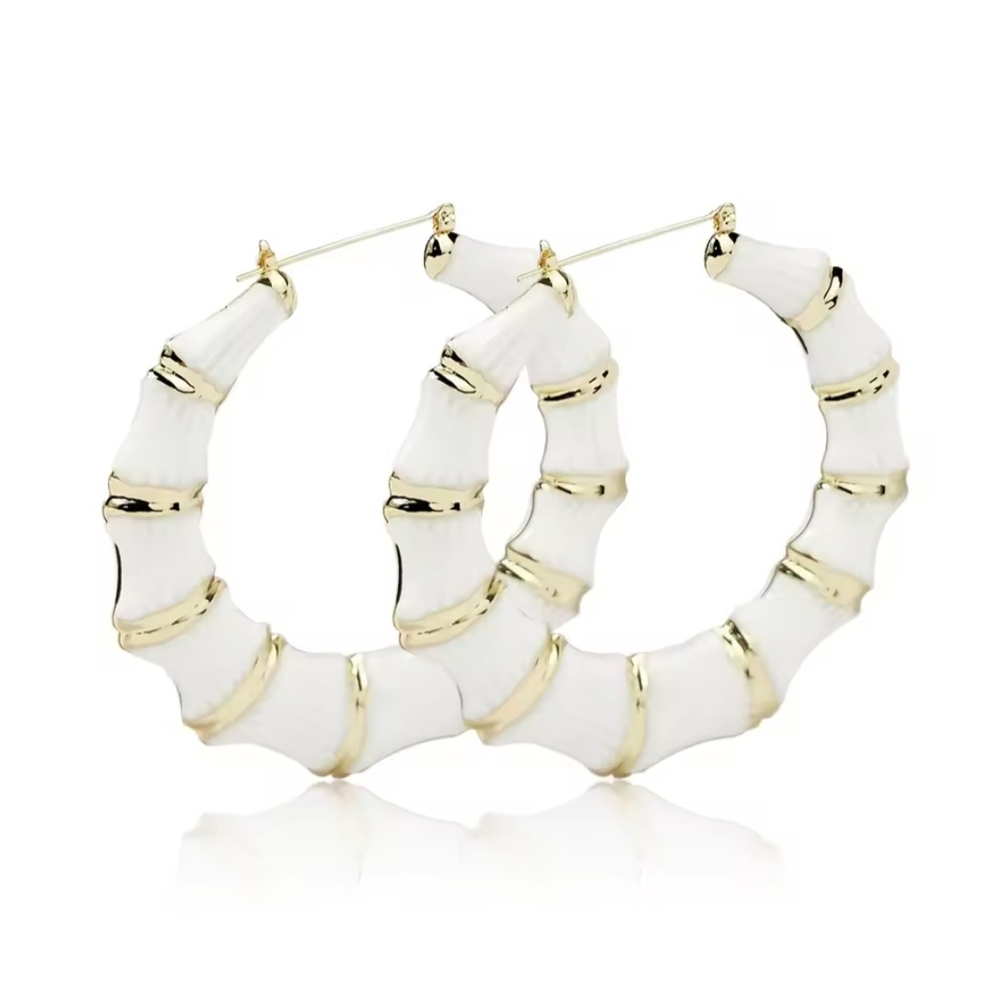 White Enamel Bamboo Hoop Earrings | Gold Accents | Brand New